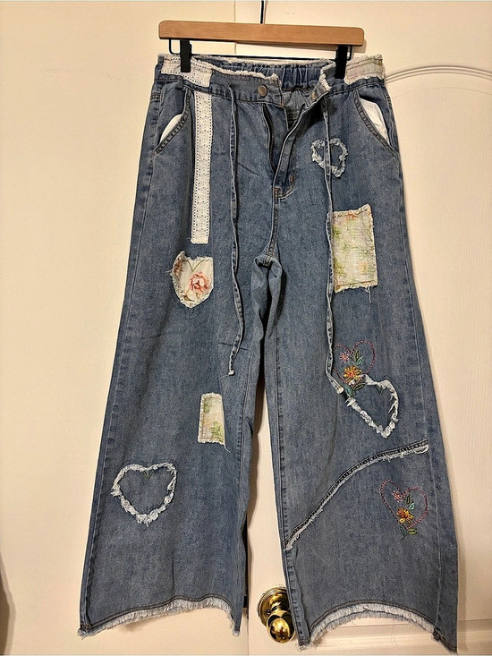 POL Denim - POL Wide Leg Patchwork Jeans Blue & White Medium